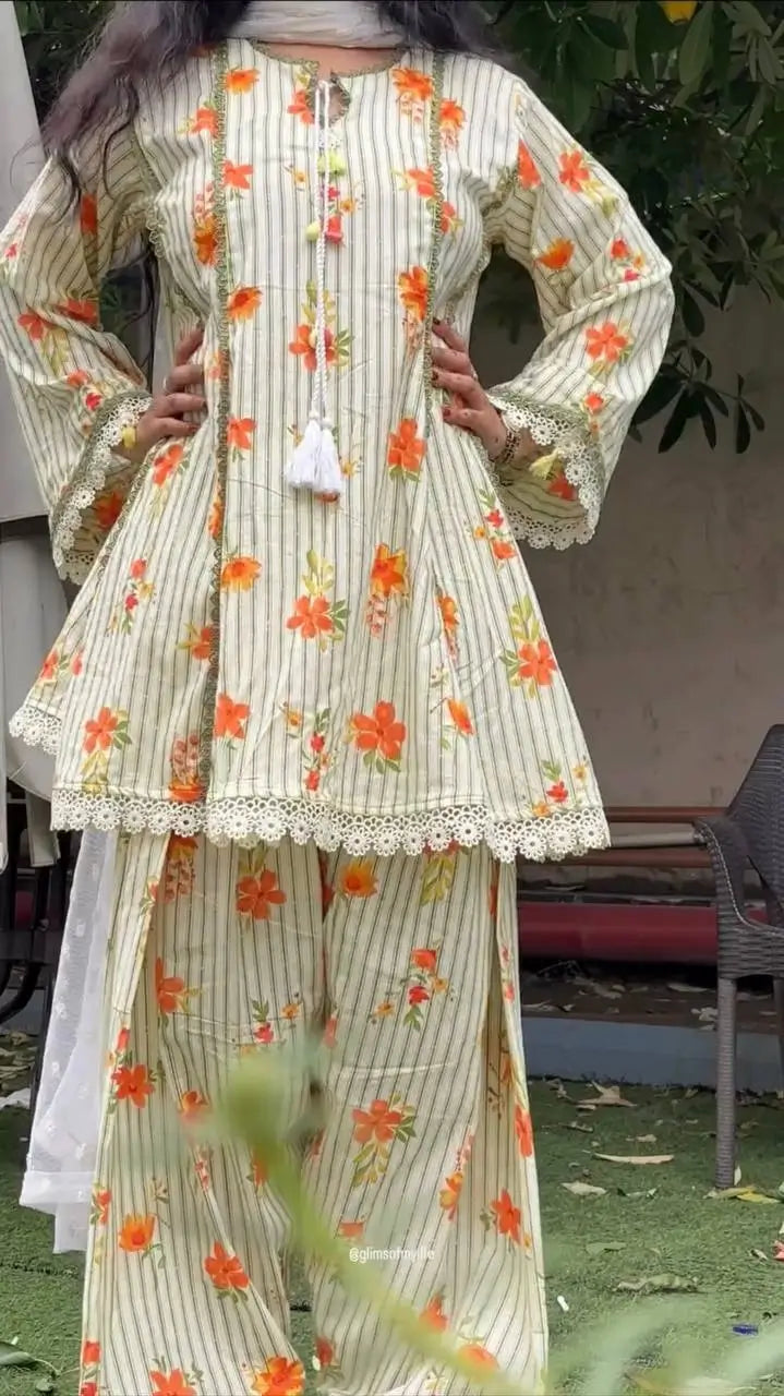 Yellow Striped Kurta Farshi Pant Set