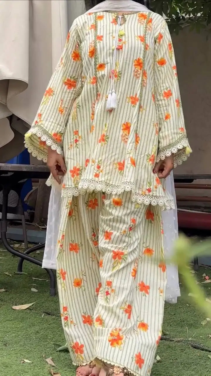 Yellow Striped Kurta Farshi Pant Set