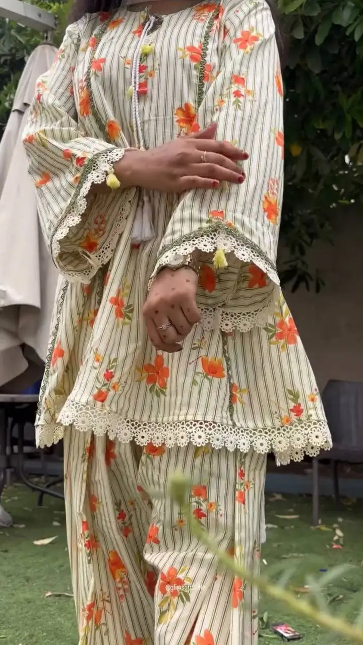 Yellow Striped Kurta Farshi Pant Set