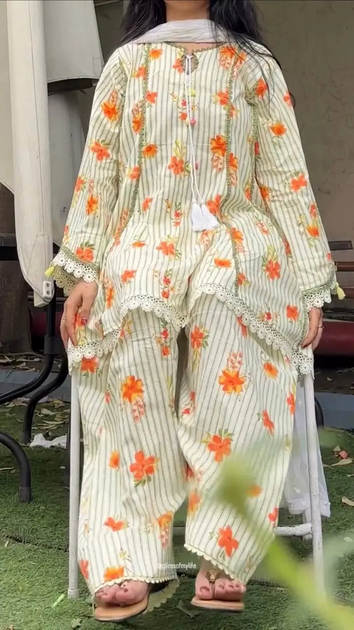 Yellow Striped Kurta Farshi Pant Set