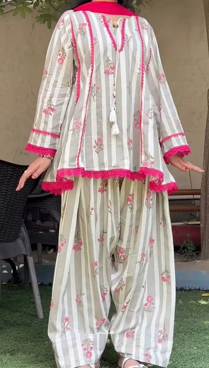 Yellow Striped Kurta Farshi Pant Set