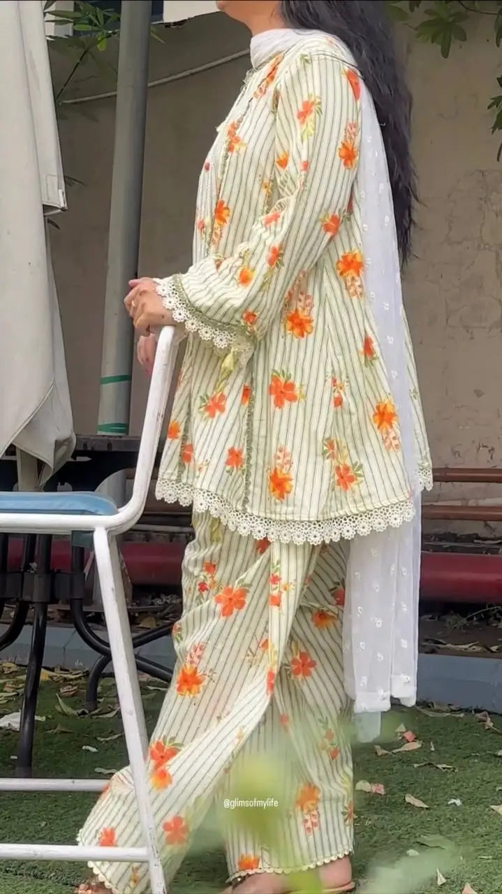 Yellow Striped Kurta Farshi Pant Set