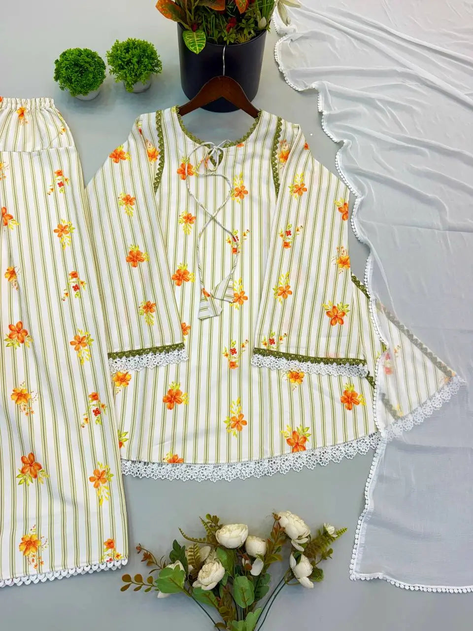 Yellow Striped Kurta Farshi Pant Set