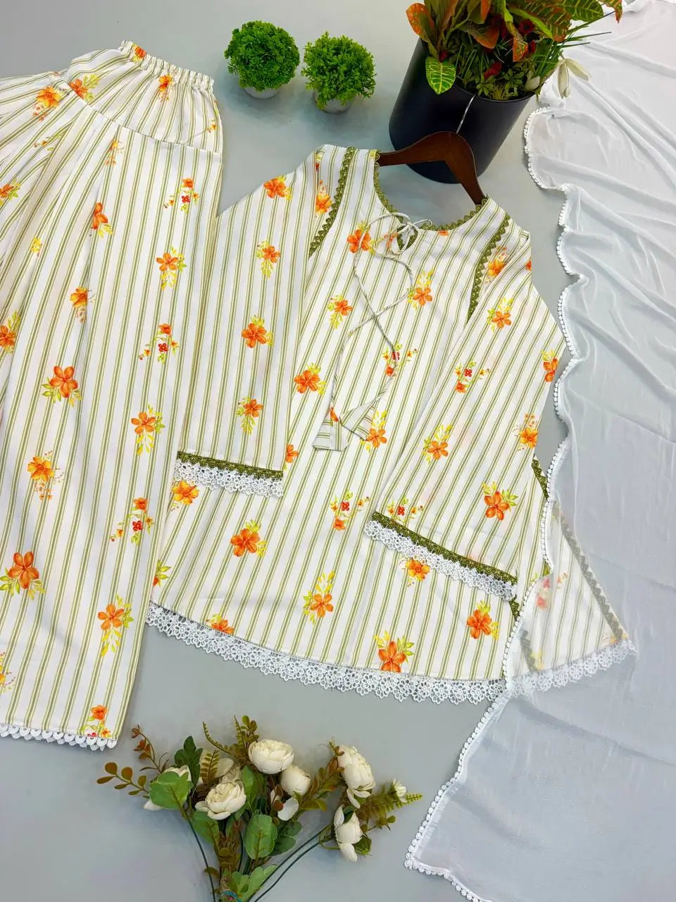 Yellow Striped Kurta Farshi Pant Set