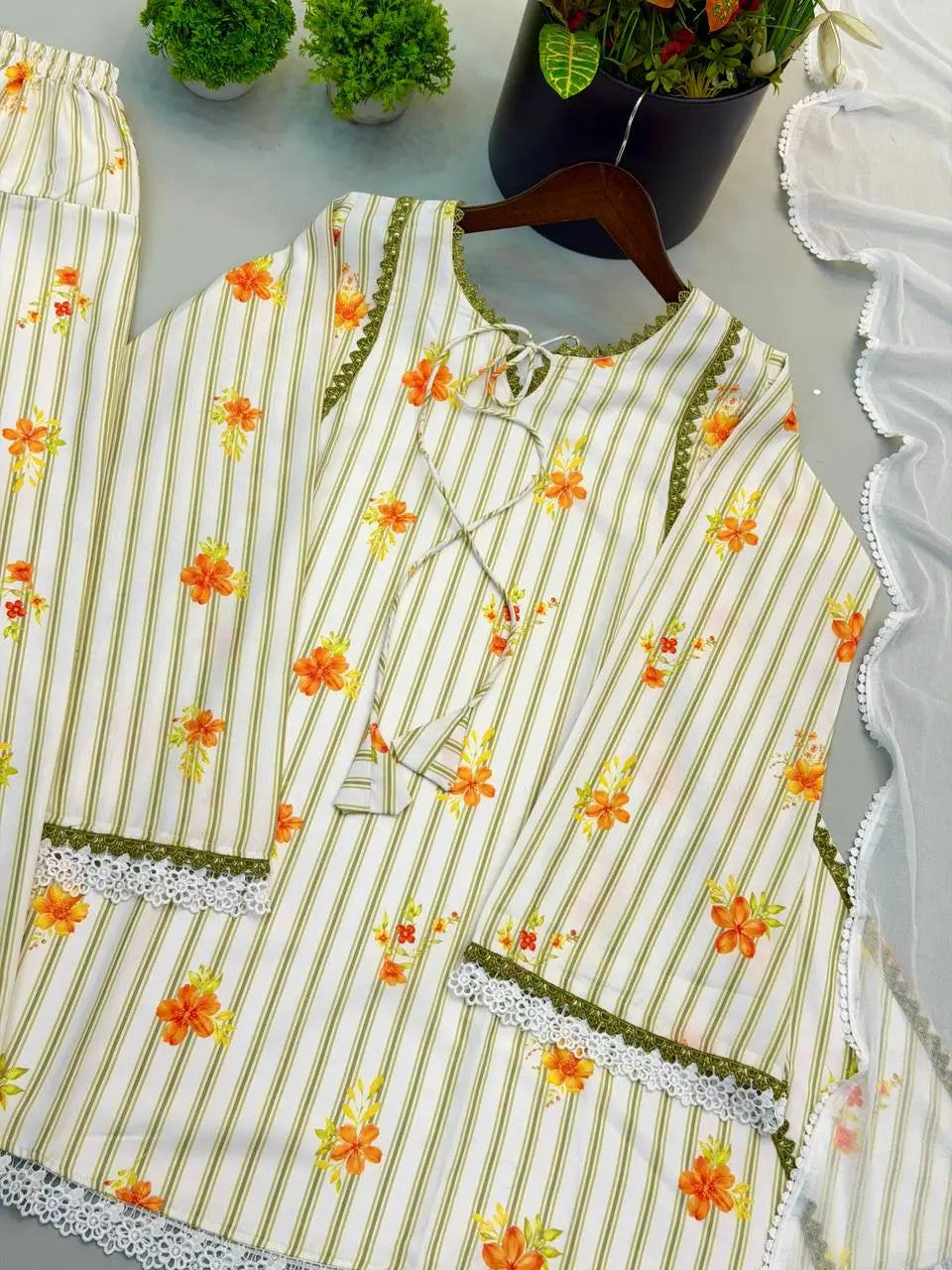 Yellow Striped Kurta Farshi Pant Set