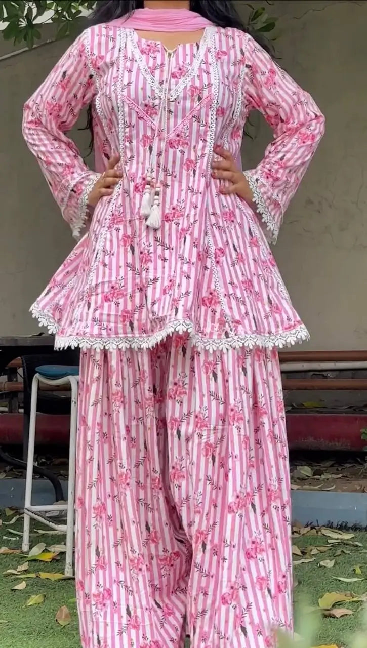 Yellow Striped Kurta Farshi Pant Set