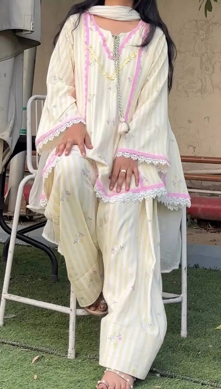 Yellow Striped Kurta Farshi Pant Set