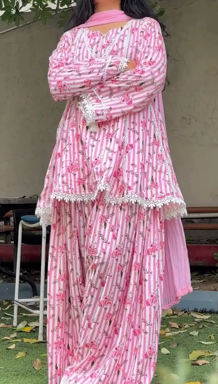 Yellow Striped Kurta Farshi Pant Set