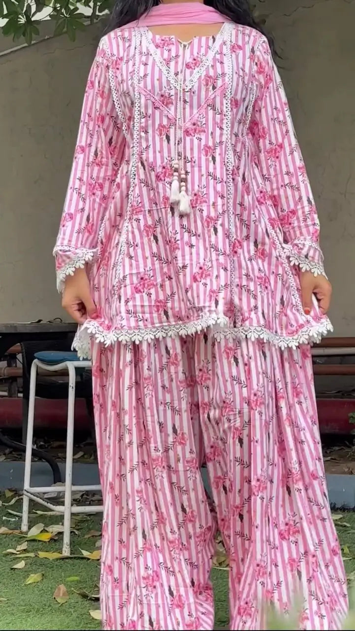 Yellow Striped Kurta Farshi Pant Set