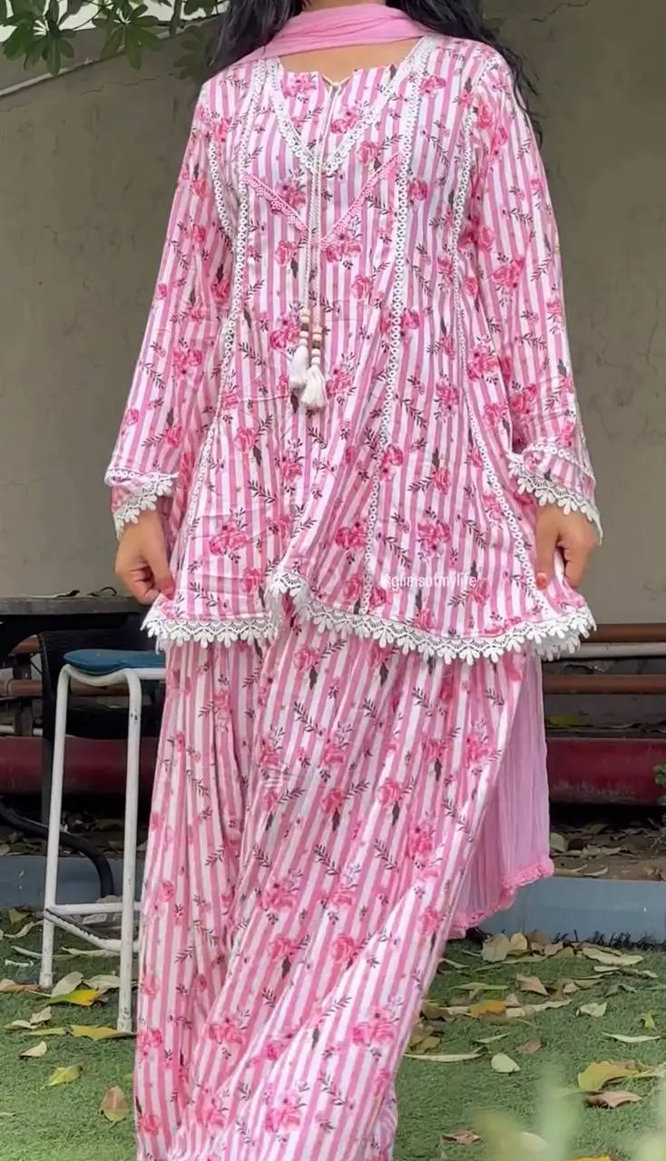 Yellow Striped Kurta Farshi Pant Set