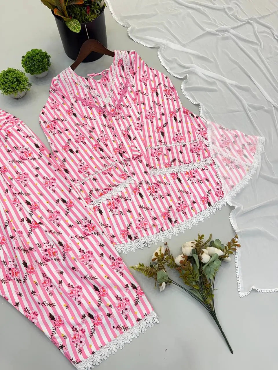 Yellow Striped Kurta Farshi Pant Set