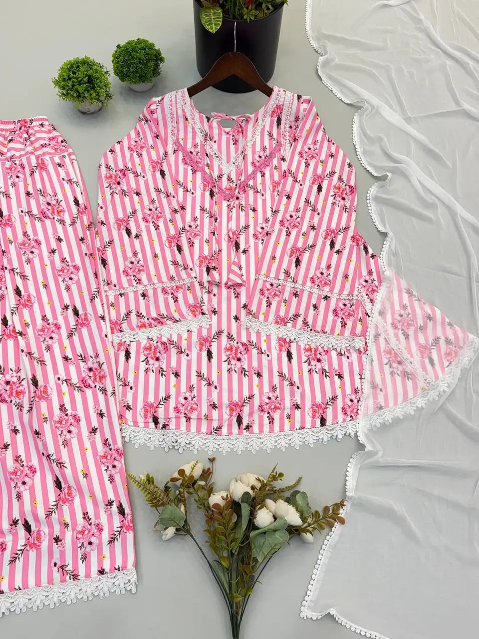 Yellow Striped Kurta Farshi Pant Set