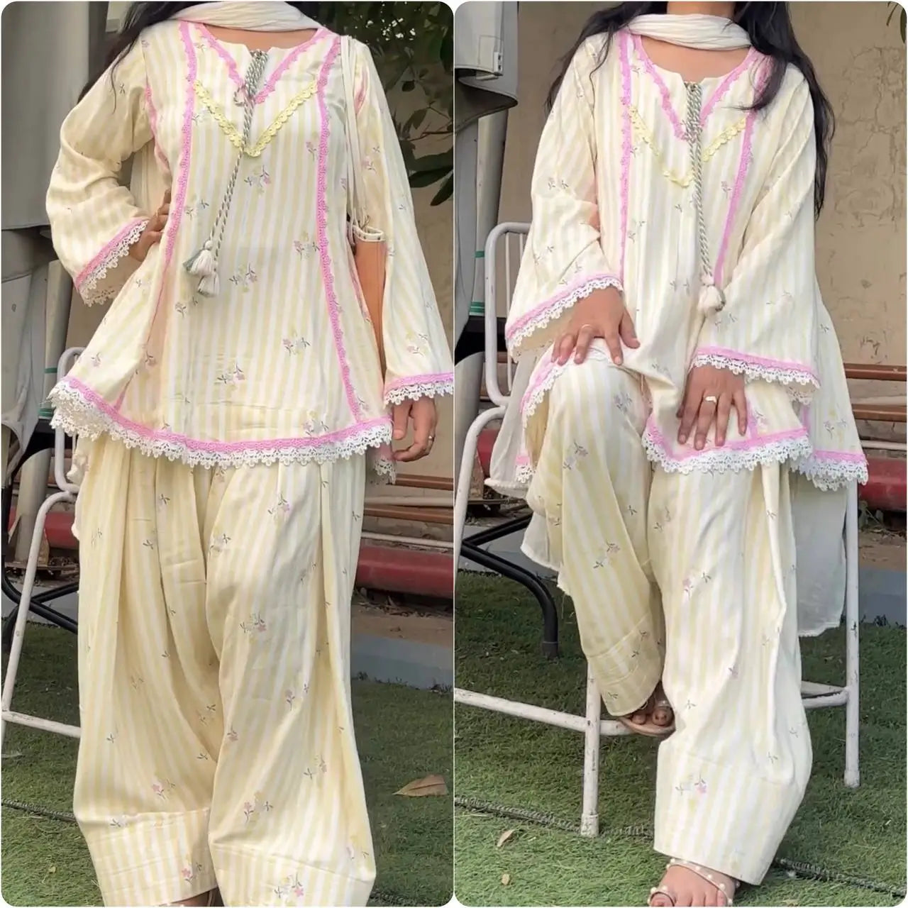 Yellow Striped Kurta Farshi Pant Set