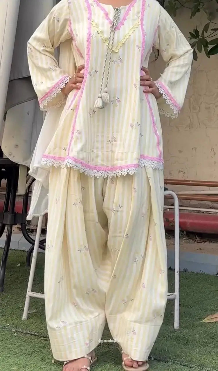 Yellow Striped Kurta Farshi Pant Set