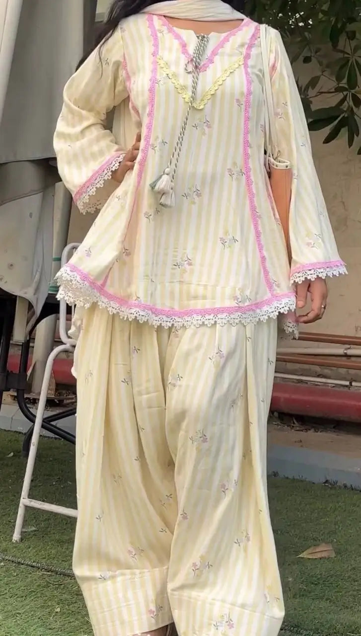Yellow Striped Kurta Farshi Pant Set