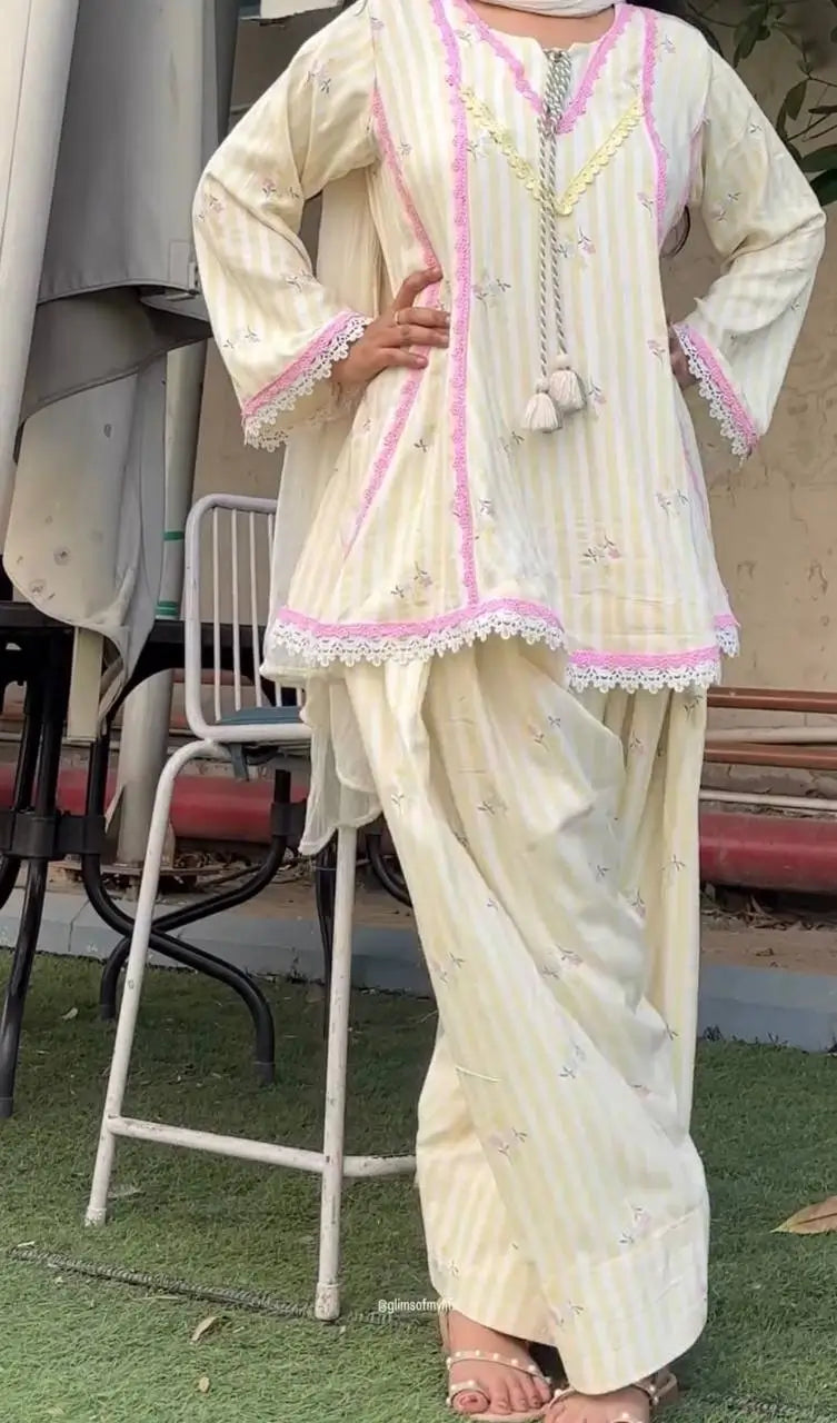 Yellow Striped Kurta Farshi Pant Set