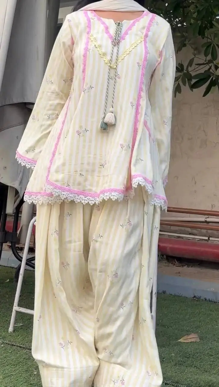 Yellow Striped Kurta Farshi Pant Set