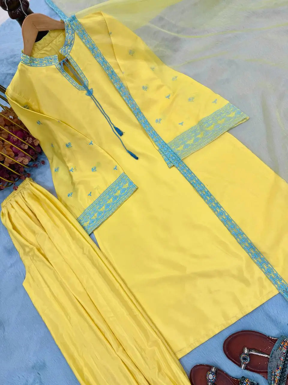 Yellow Threadwork Crepe Suit