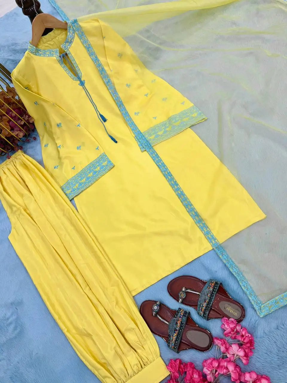 Yellow Threadwork Crepe Suit