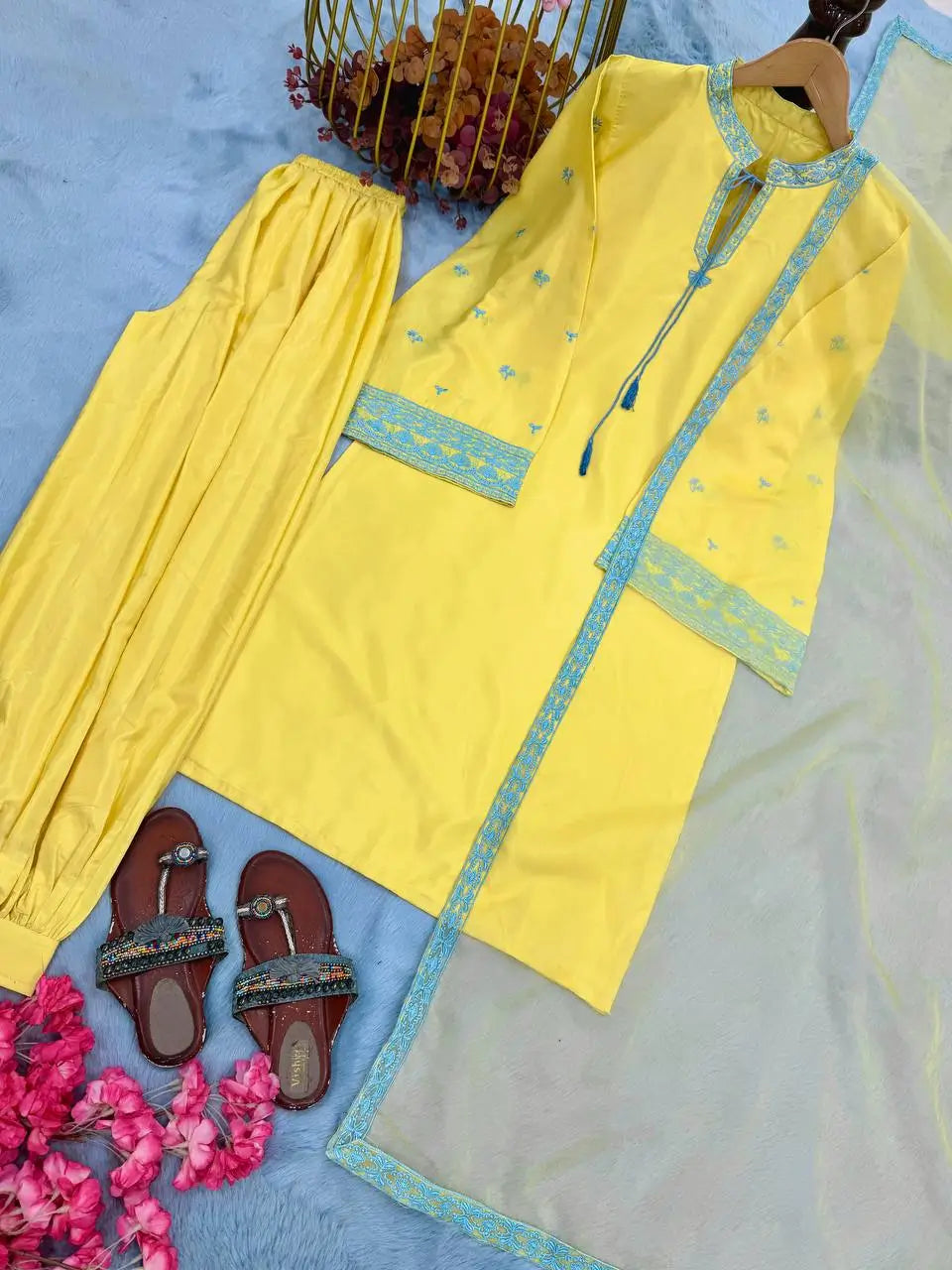 Yellow Threadwork Crepe Suit