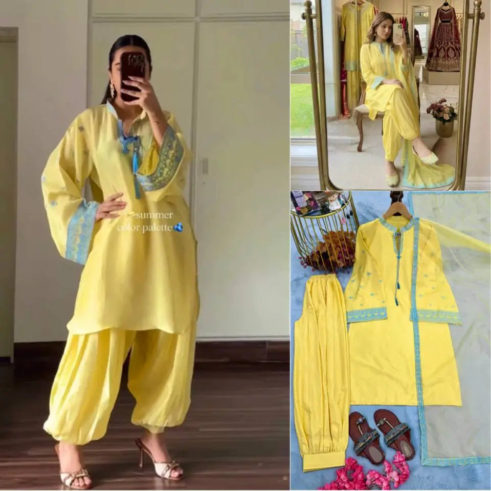 Yellow Threadwork Crepe Suit