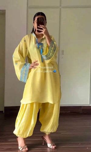 Yellow Threadwork Crepe Suit