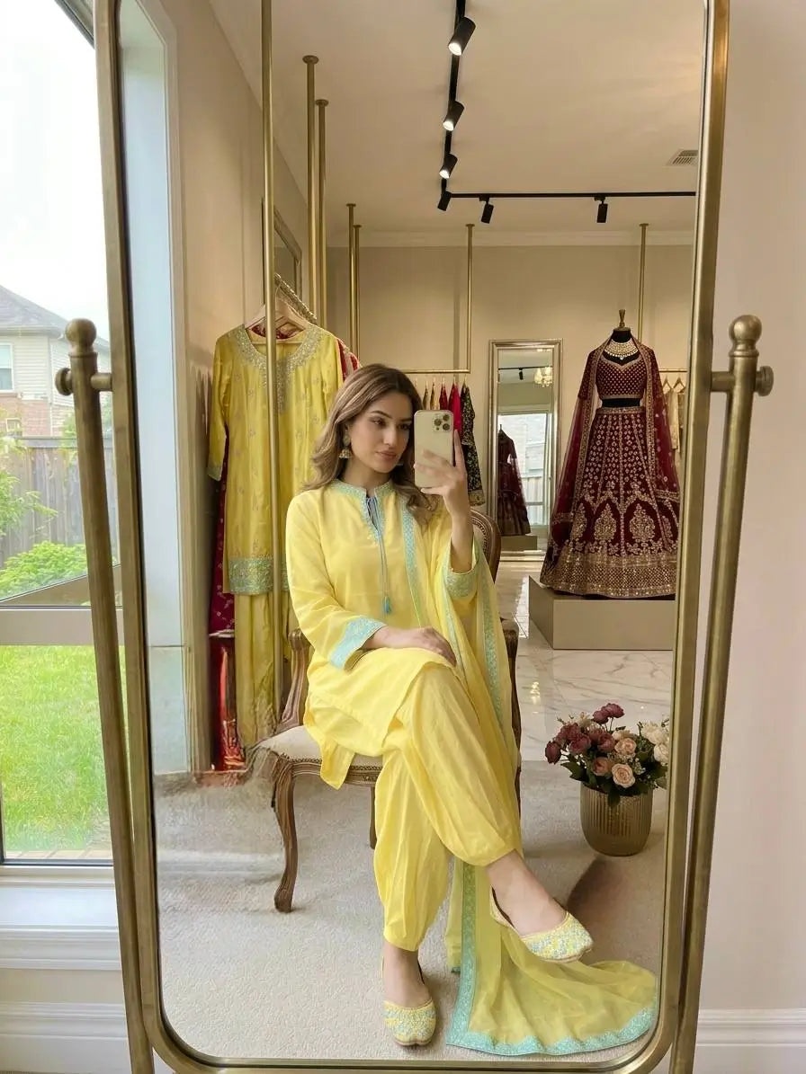 Yellow Threadwork Crepe Suit