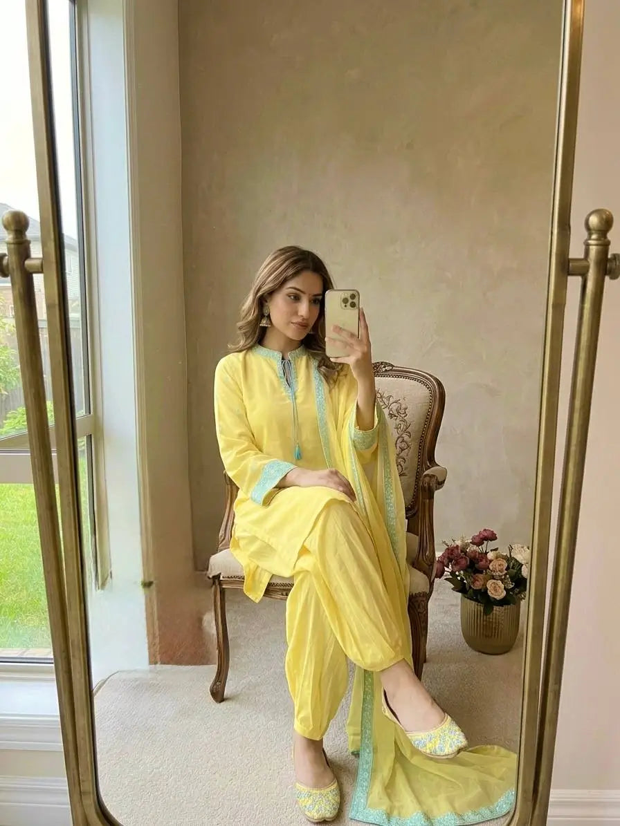 Yellow Threadwork Crepe Suit