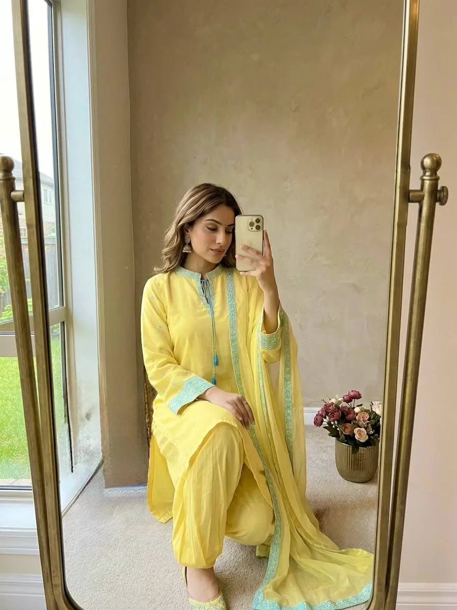 Yellow Threadwork Crepe Suit