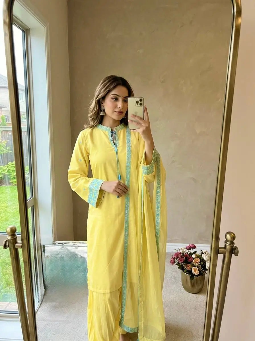 Yellow Threadwork Crepe Suit