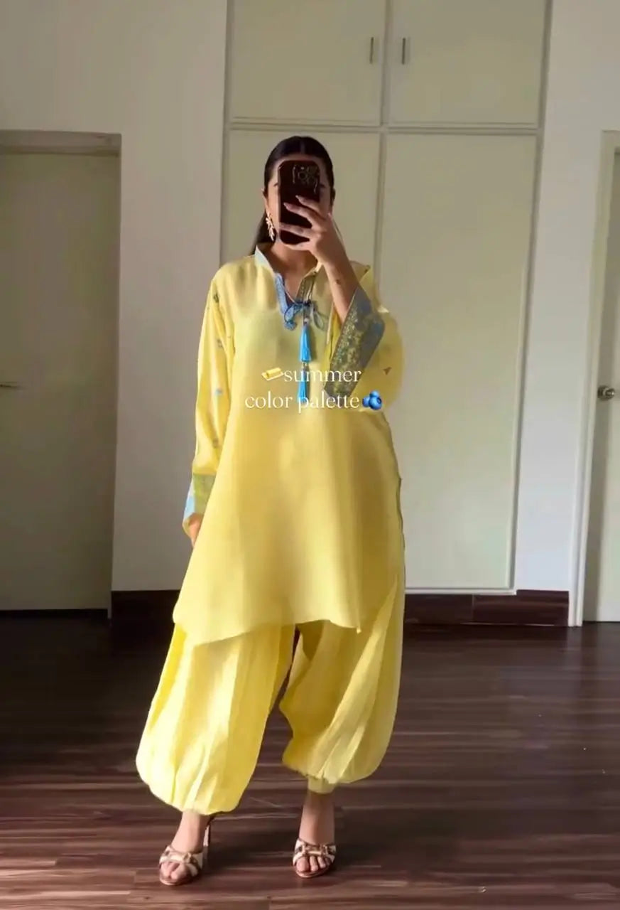 Yellow Threadwork Crepe Suit