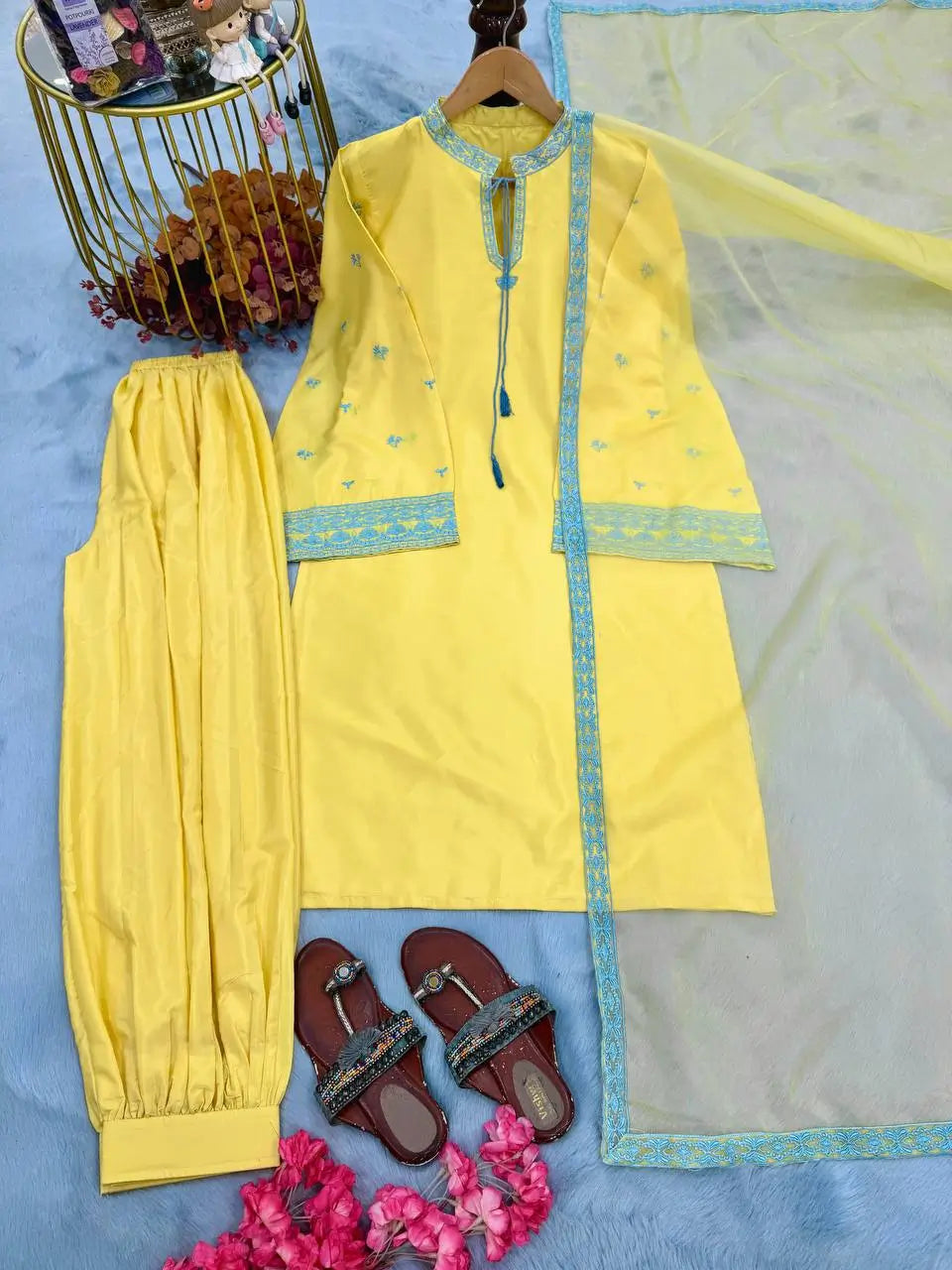 Yellow Threadwork Crepe Suit