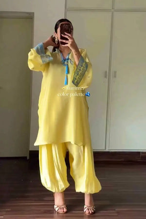 Yellow Threadwork Crepe Suit