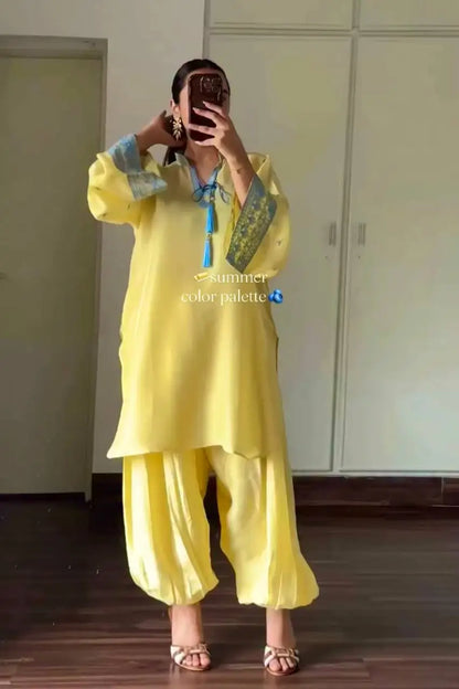 Yellow Threadwork Crepe Suit