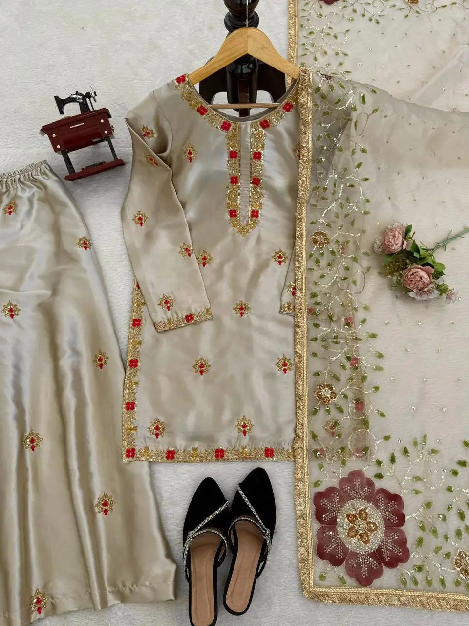 Zapan Satin Silk Sharara Set With Thread Work
