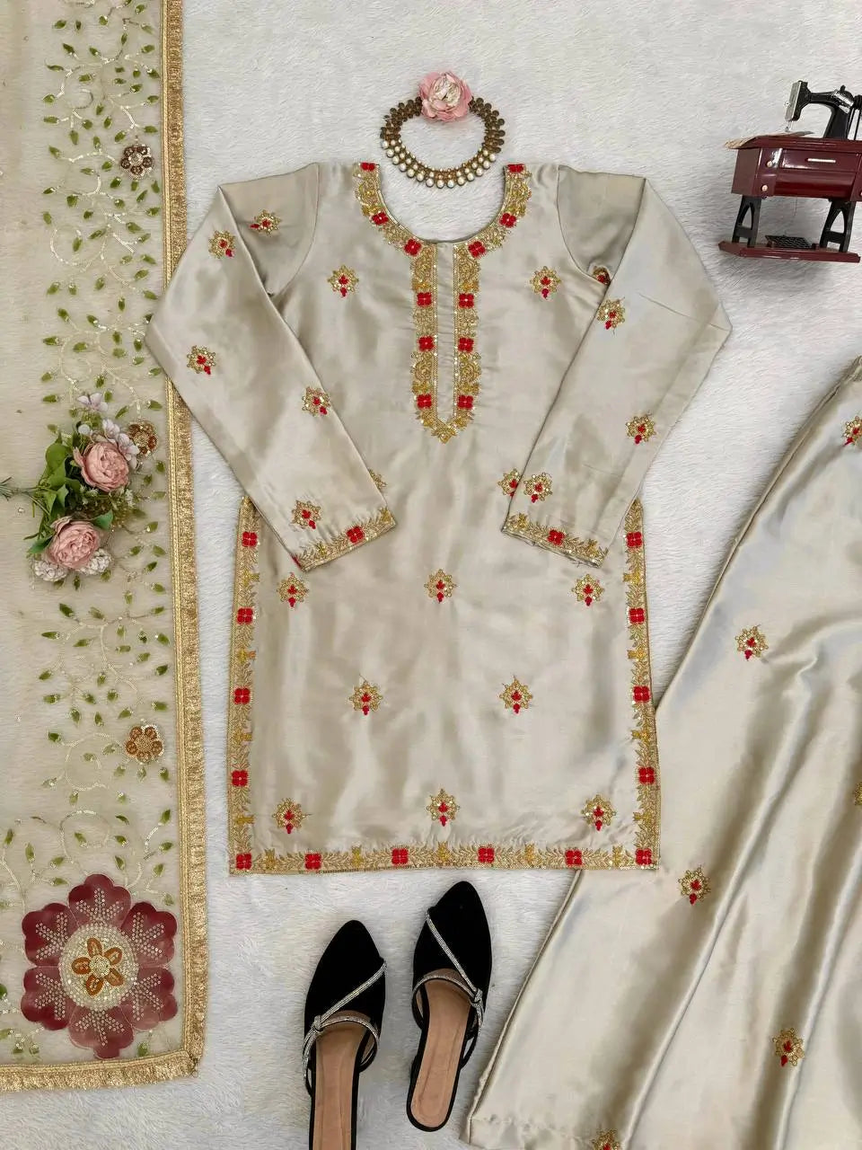 Zapan Satin Silk Sharara Set With Thread Work