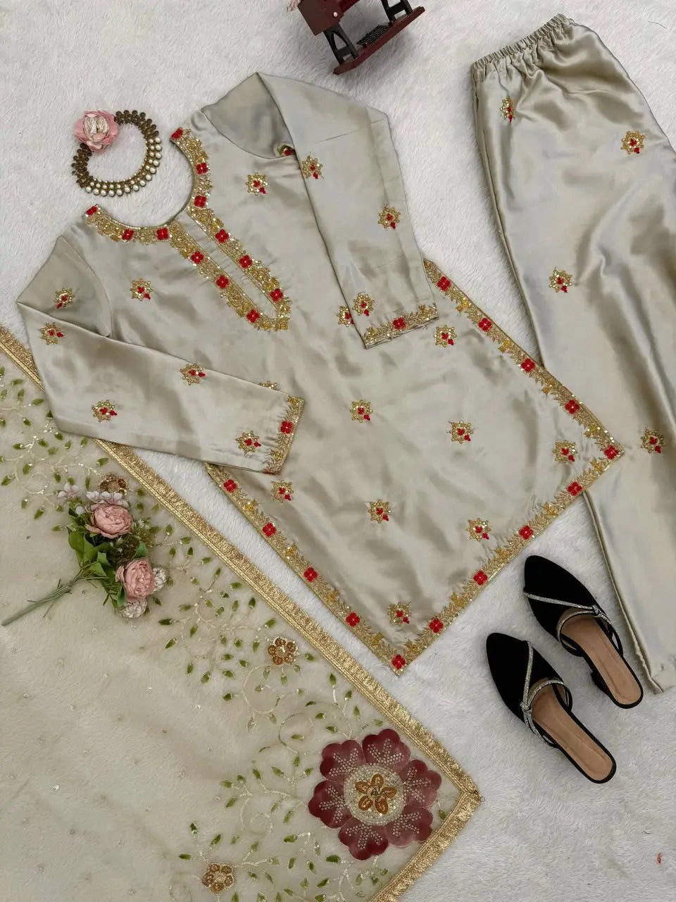 Zapan Satin Silk Sharara Set With Thread Work