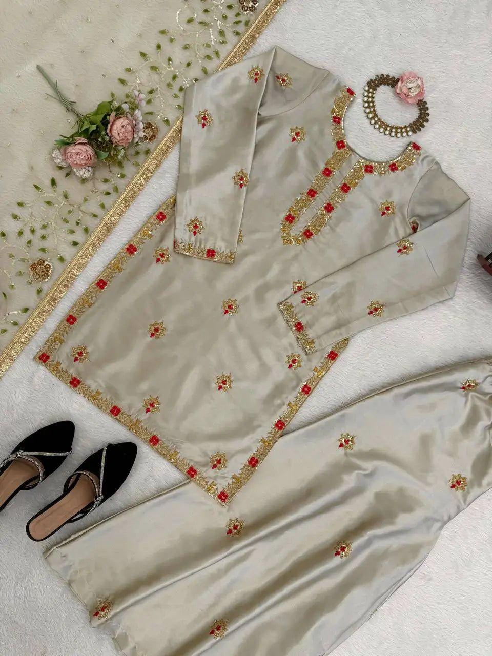 Zapan Satin Silk Sharara Set With Thread Work