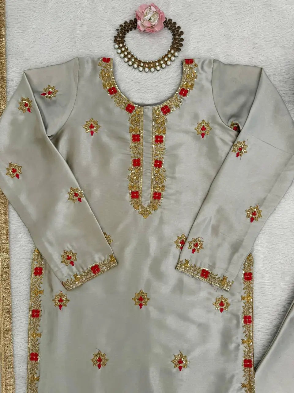 Zapan Satin Silk Sharara Set With Thread Work