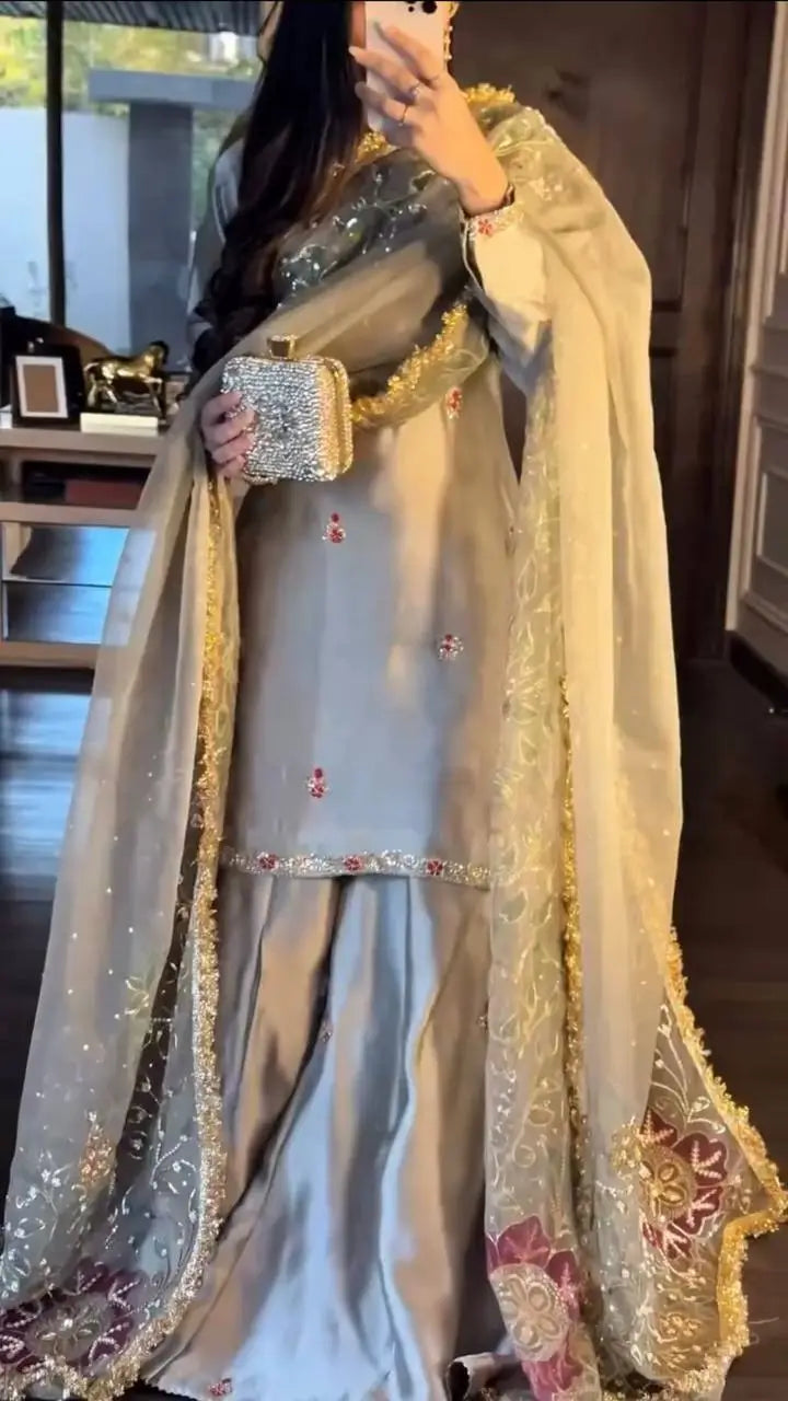 Zapan Satin Silk Sharara Set With Thread Work