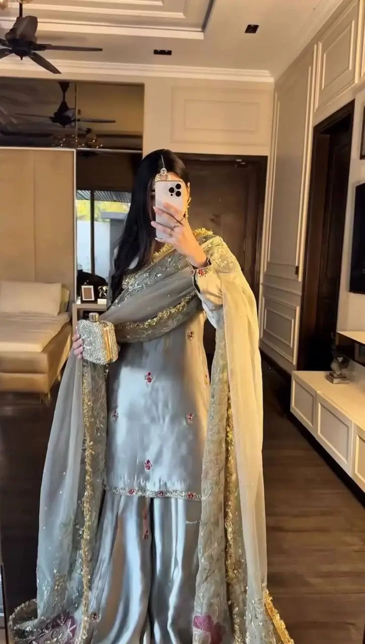 Zapan Satin Silk Sharara Set With Thread Work