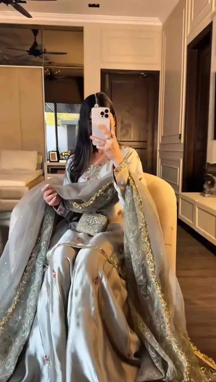 Zapan Satin Silk Sharara Set With Thread Work