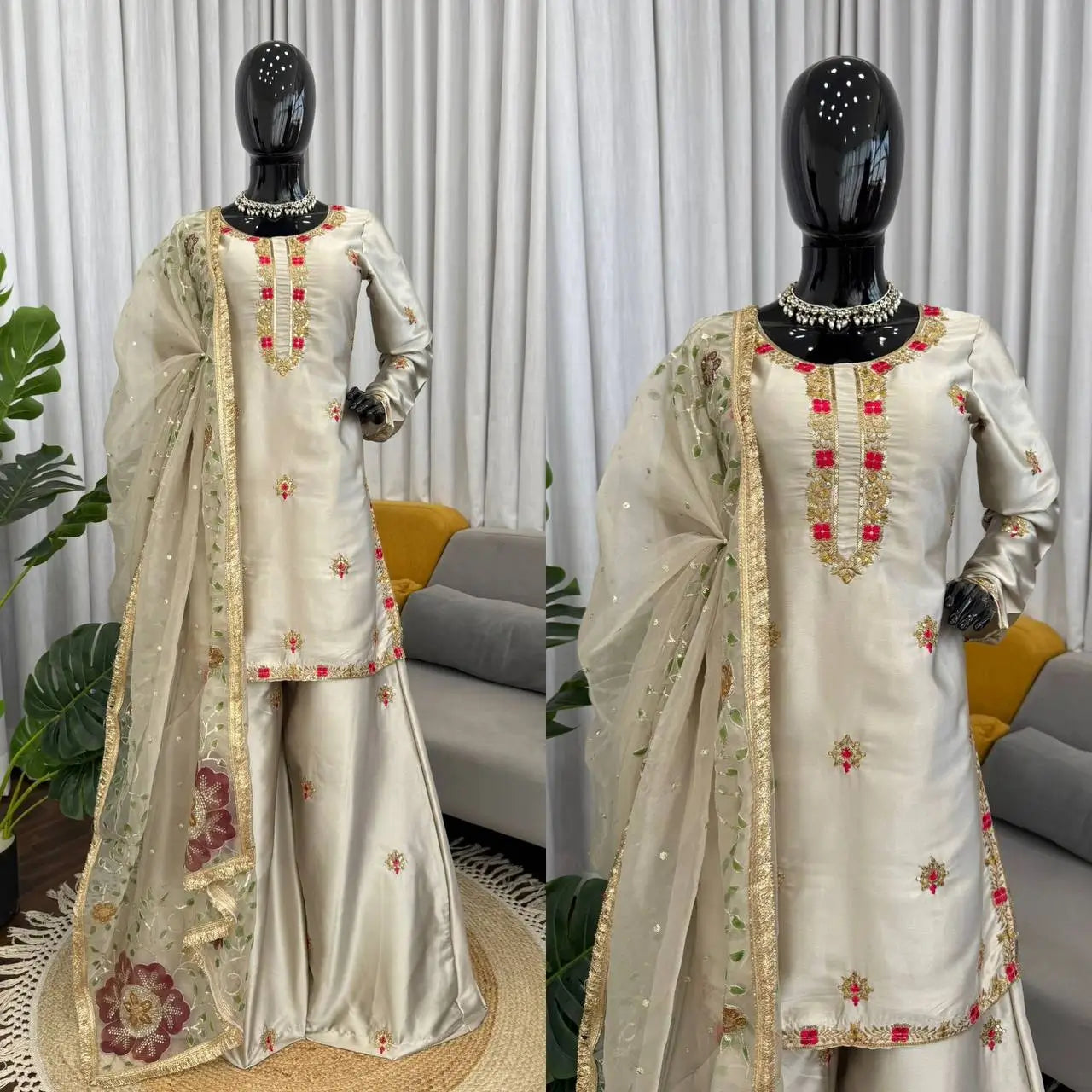 Zapan Satin Silk Sharara Set With Thread Work