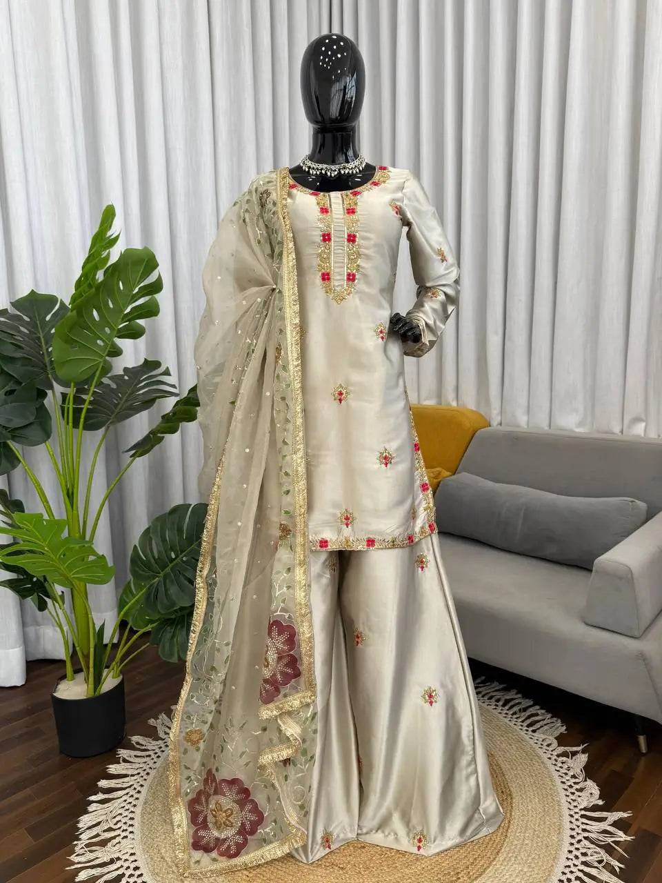 Zapan Satin Silk Sharara Set With Thread Work