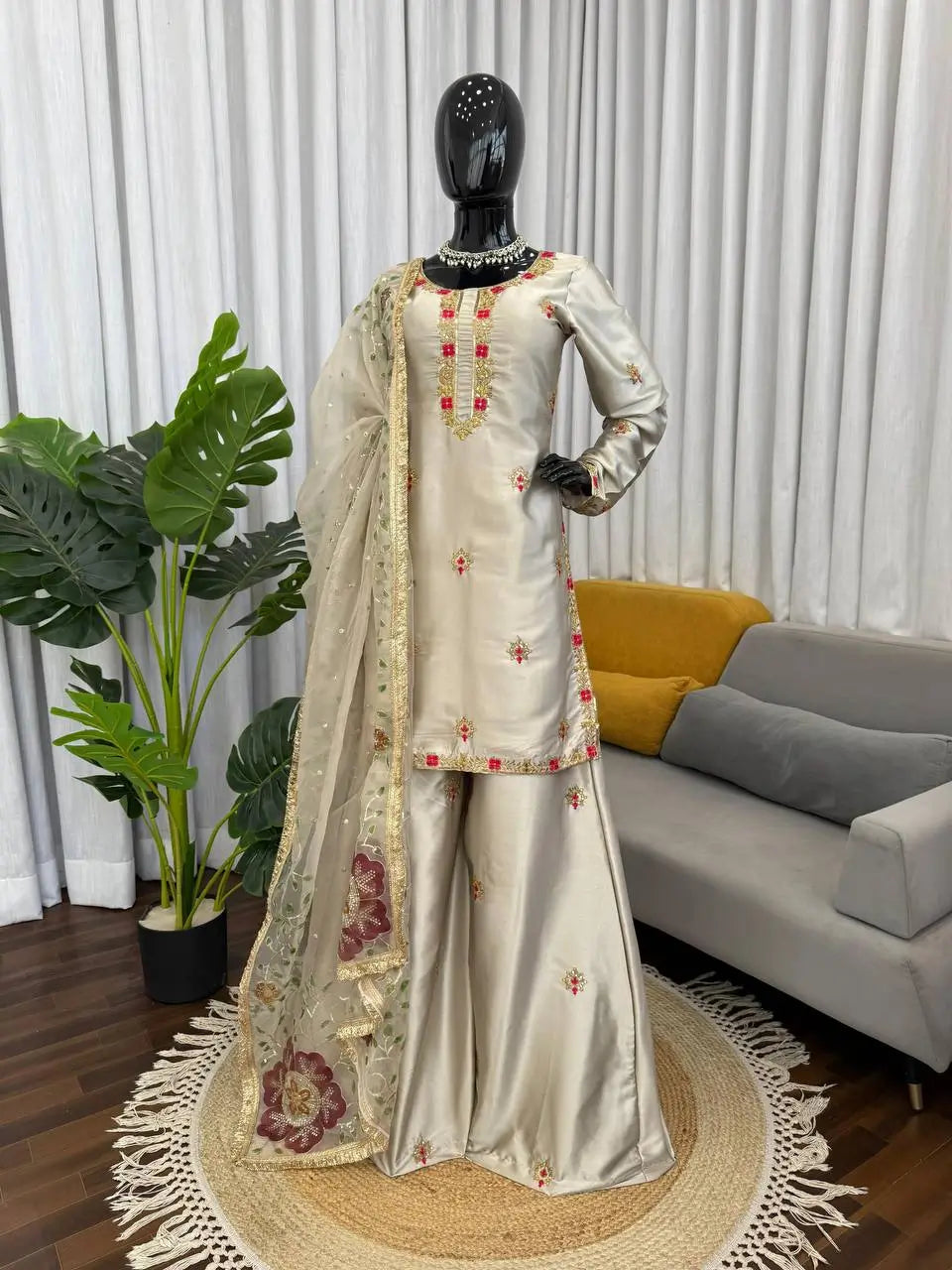 Zapan Satin Silk Sharara Set With Thread Work