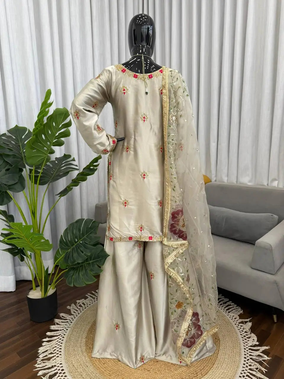 Zapan Satin Silk Sharara Set With Thread Work