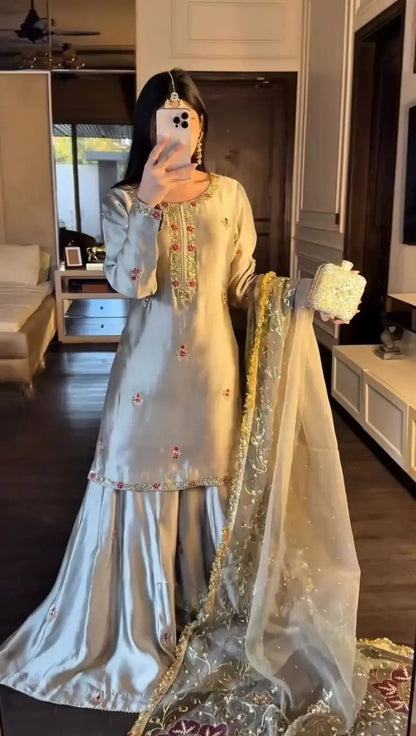 Zapan Satin Silk Sharara Set With Thread Work
