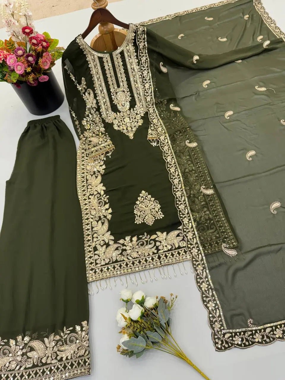 Zari Sequin Embroidered Palazzo Suit