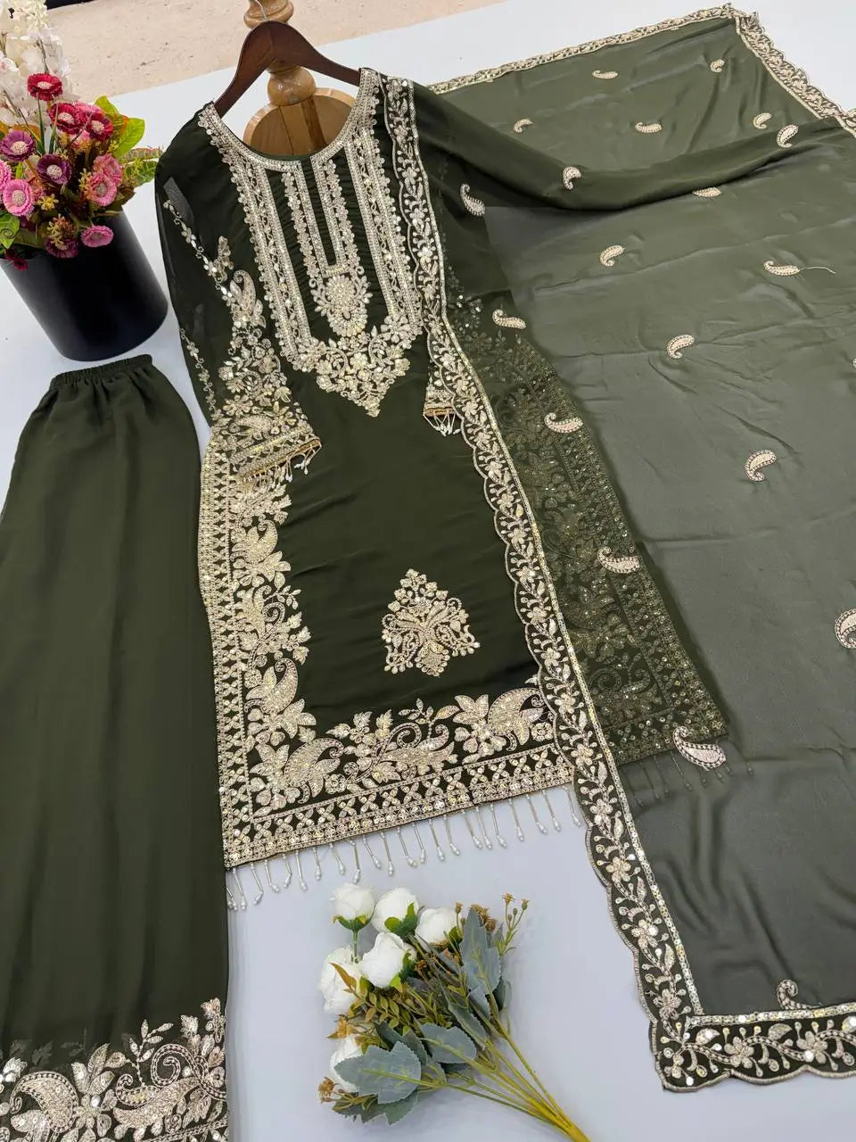 Zari Sequin Embroidered Palazzo Suit
