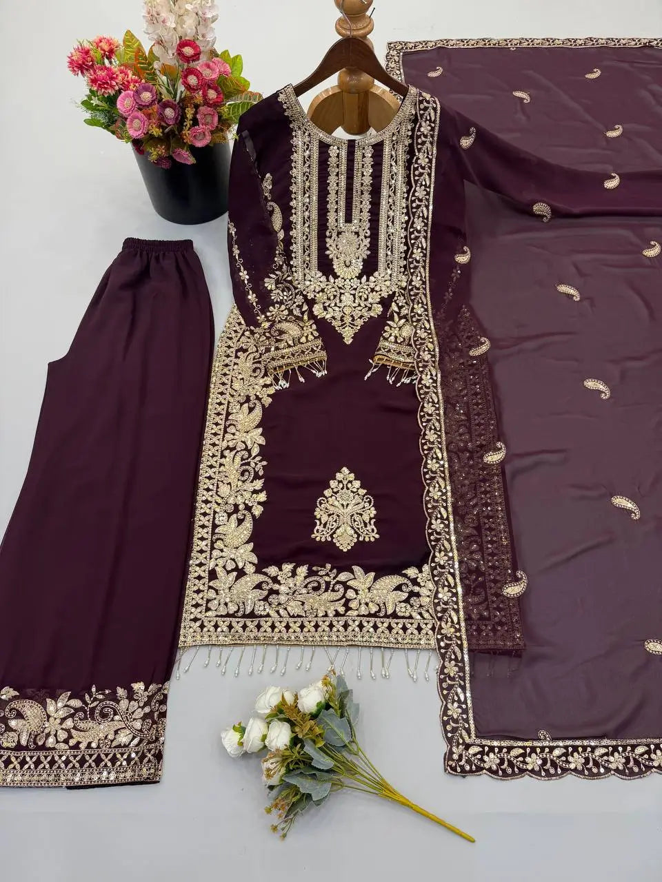 Zari Sequin Embroidered Palazzo Suit